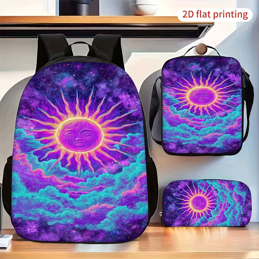 Mystic Purple Sun Cloud Pattern 2D Flat 3-Piece Backpack Set