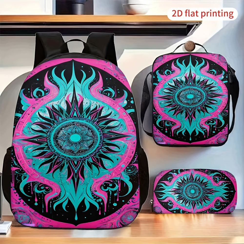 Mystical Sun Flame Pattern Backpack Set with Abstract Design