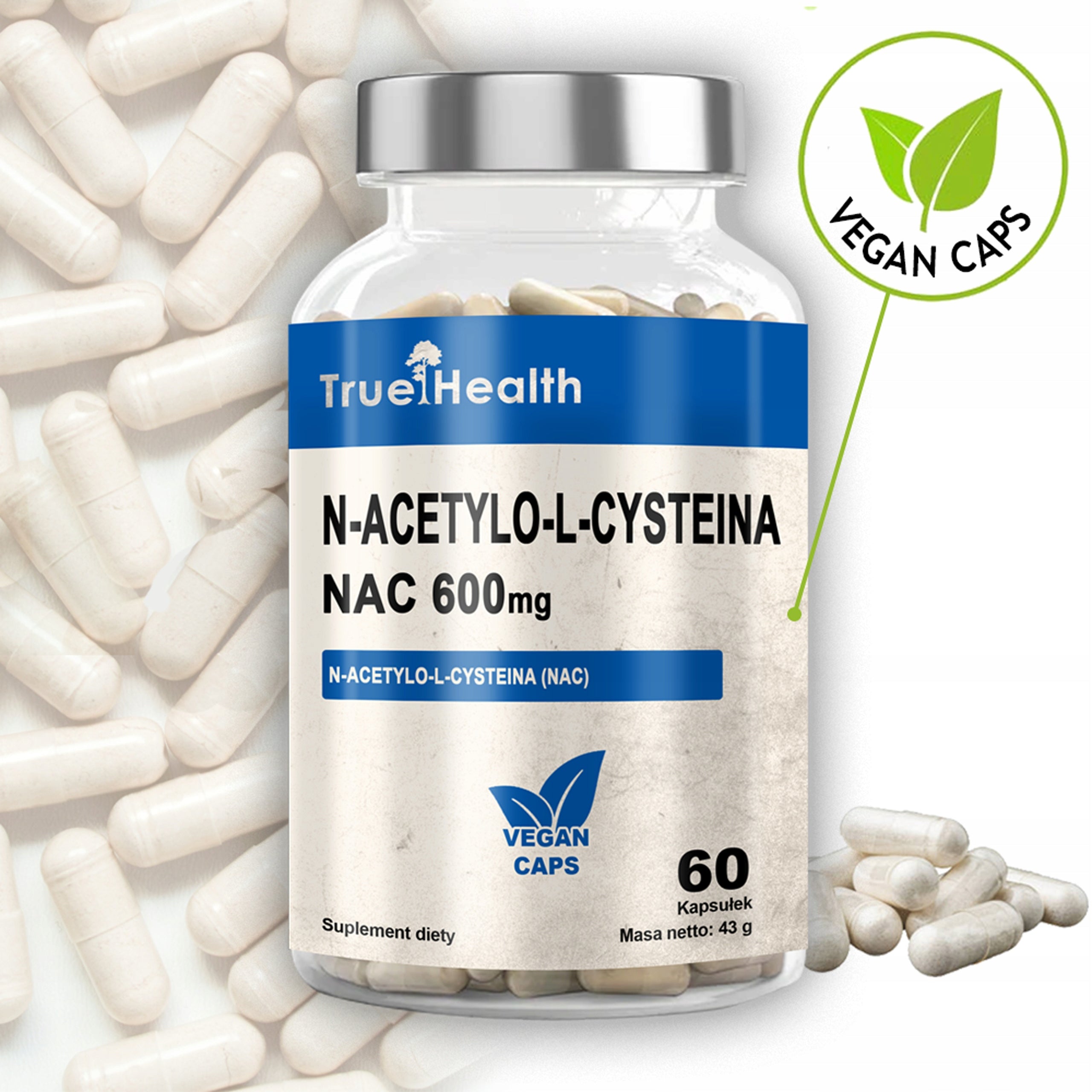 N-ACETYL-L-CYSTEINE NAC 600mg 60caps AMINO ACIDS LIVER DETOX TRUE HEALTH