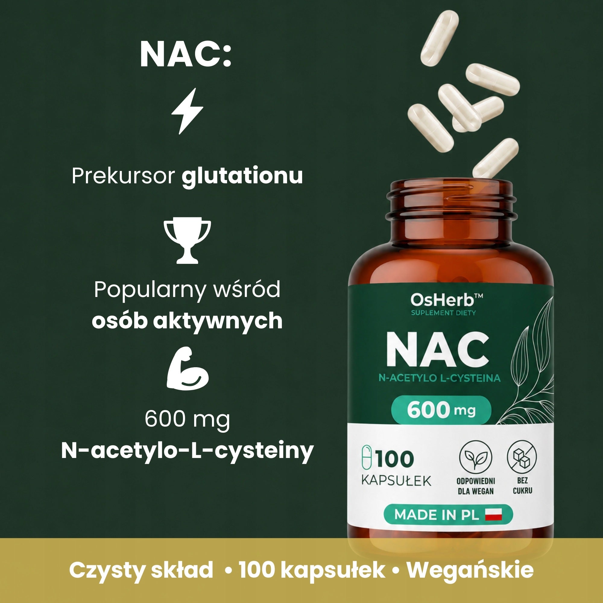 NAC 600mg 100 CAPSULES N-ACETYL L-CYSTEINE HEALTHY LIVER PROTECTION | OSHERB Packaging status original