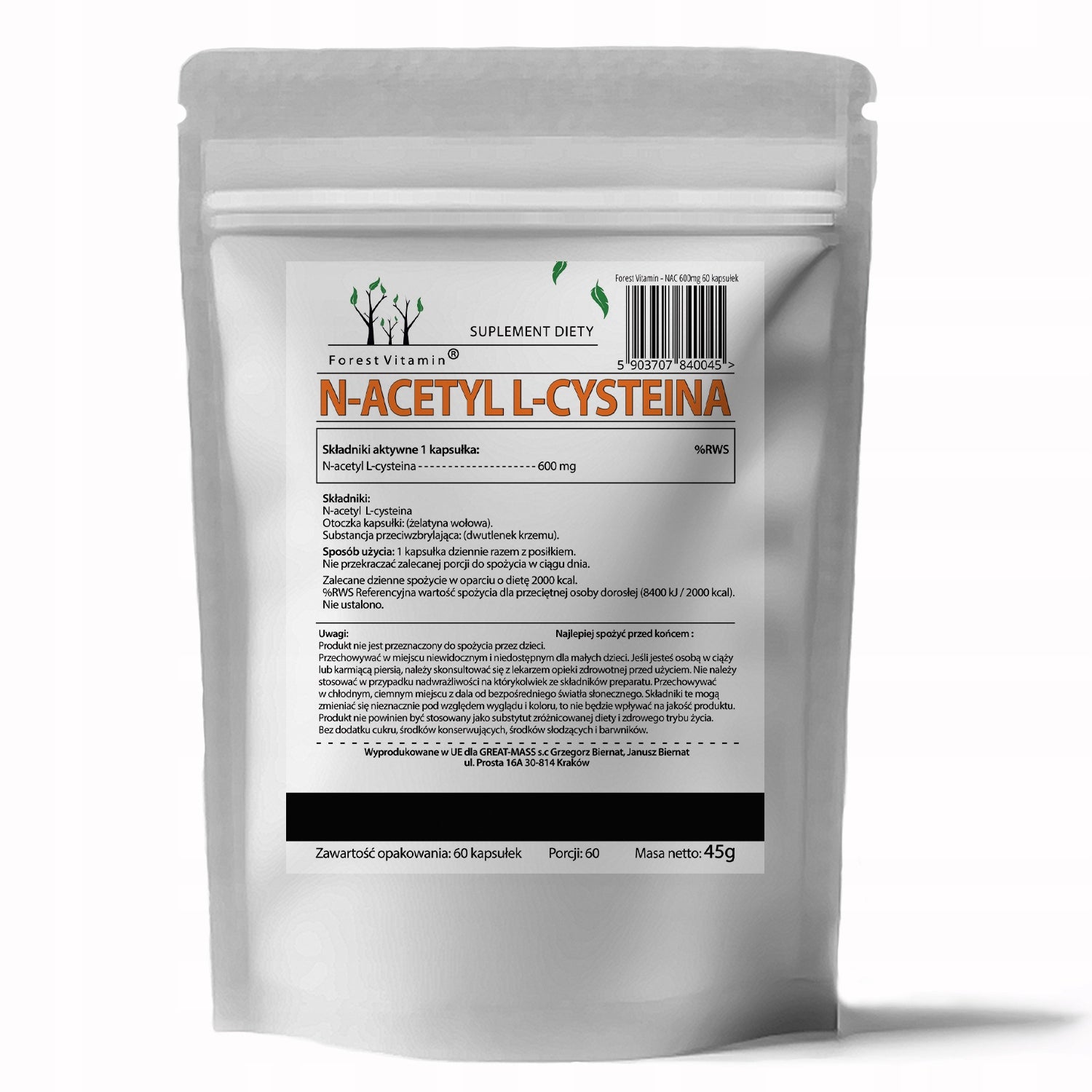 NAC 600mg N-ACETYL L-CYSTEINE 60caps FAST ACTING TOXINS ALLOY Brand Forest Vitamin