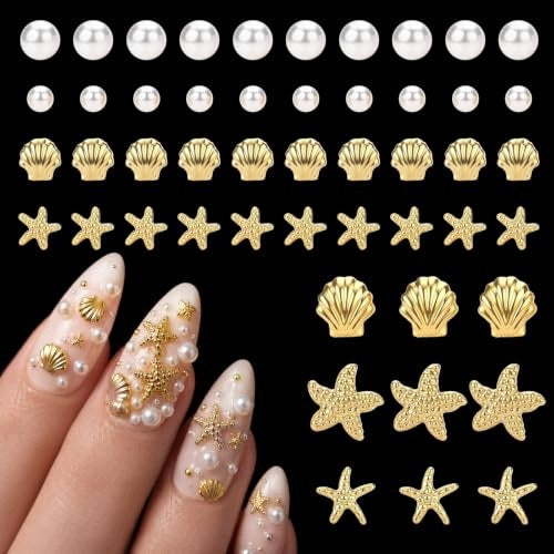 NAIL DECORATIONS GOLD SHELLS STARFISH PEARLS SET OF 100 PCS METAL Brand no brand