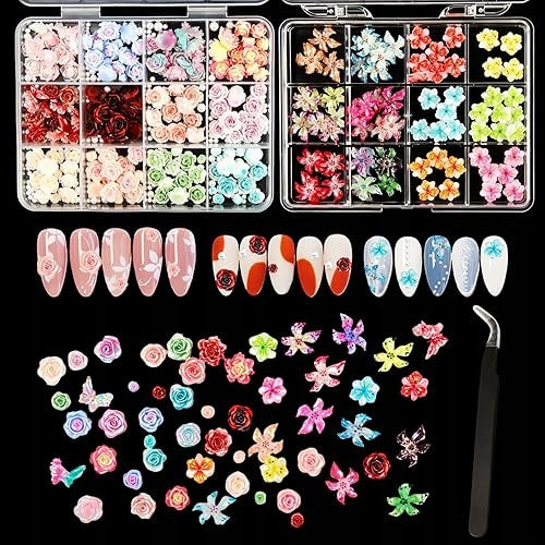 NAIL PENDANTS RESIN FLOWERS SET OF 2 BOXES TWEEZERS FOR