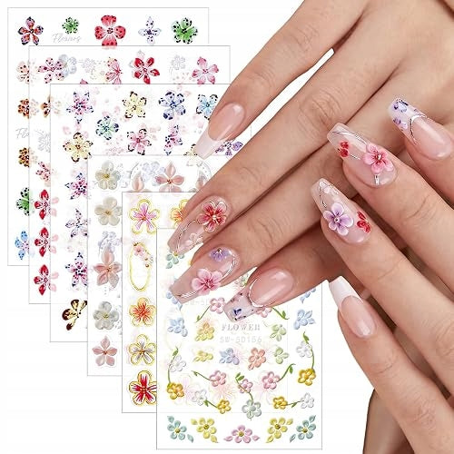 NAIL STICKERS 5D SPRING FLOWERS SET OF 6 SELF-ADHESIVE SHEETS