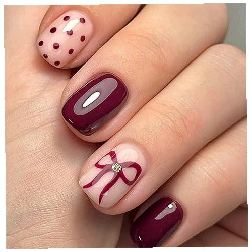 NAIL STICKERS ACRYLIC RED BOWS DOTS SET OF 24