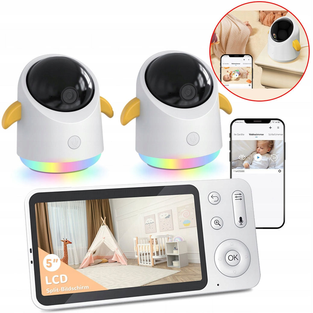 NANNY WITH MONITOR 5" LCD 2 CAMERA 2K WIFI ROTATING ZOOM NIGHT MODE