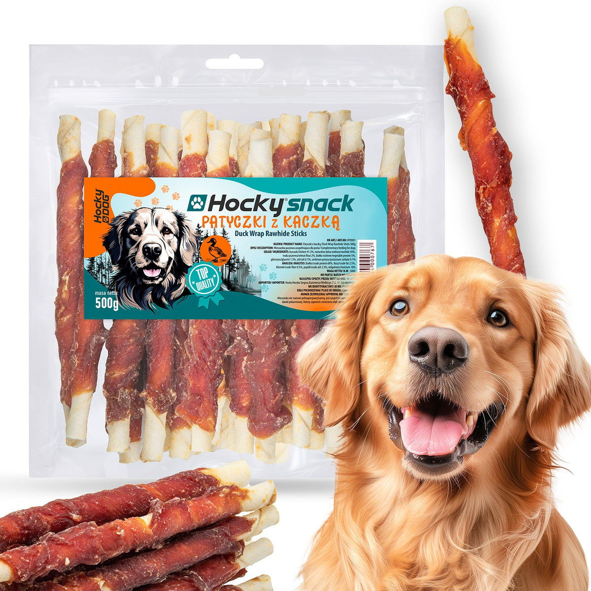 NATURAL DOG TREAT HOCKY STICKS WRAPPED IN DUCK MEAT 500G