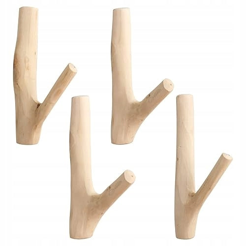 NATURAL RUSTIC WOODEN HOOKS FOR WALLS SET OF 4 STEEL PIECES