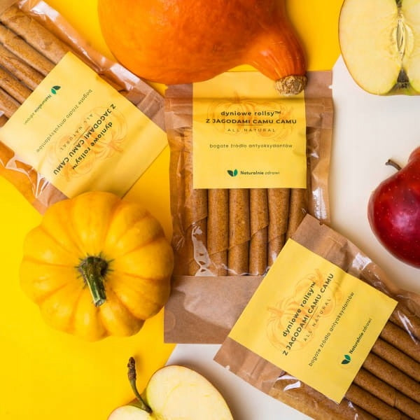 NATURALNIE ZDROWI FRUIT SNACK PUMPKIN ROLLS WITH CAMU CAMU BERRIES 50G Manufacturer code Rollsy dyniowe ID 13788