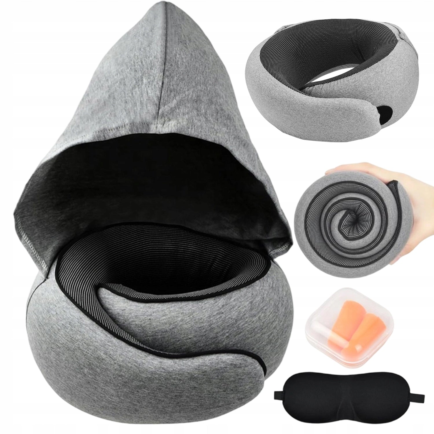 NECK TRAVEL PILLOW WITH HOOD TRAVEL KIT FOR AIRPLANE