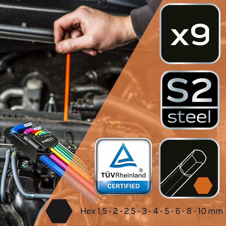 NEO Long Colorful Hexagonal Wrenches 1.5-10mm HEX ALLEN 9 pcs. ALLEN Brand NEO TOOLS