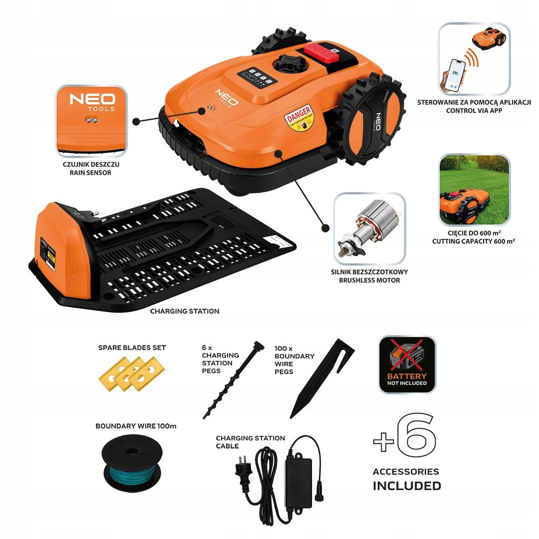 NEO ROBOT MOWING 20-60mm ALLOTMENT 600m2 RECHARGEABLE ENERGY+ IPX5 APKA Mowing width 18 cm