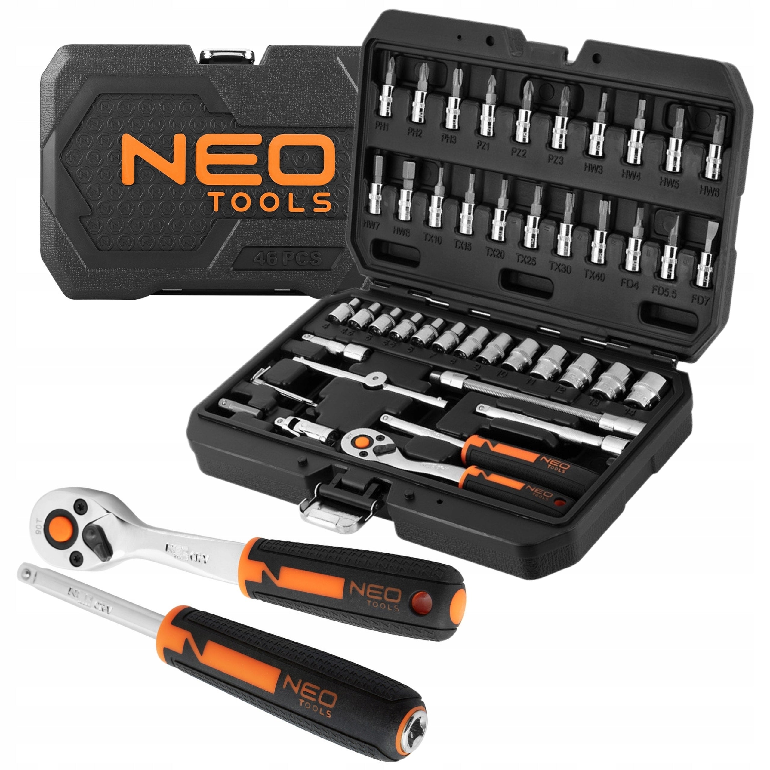NEO SET SOCKET WRENCHES 1/4'' 46el CRV CAPS TORX BITS 10-004