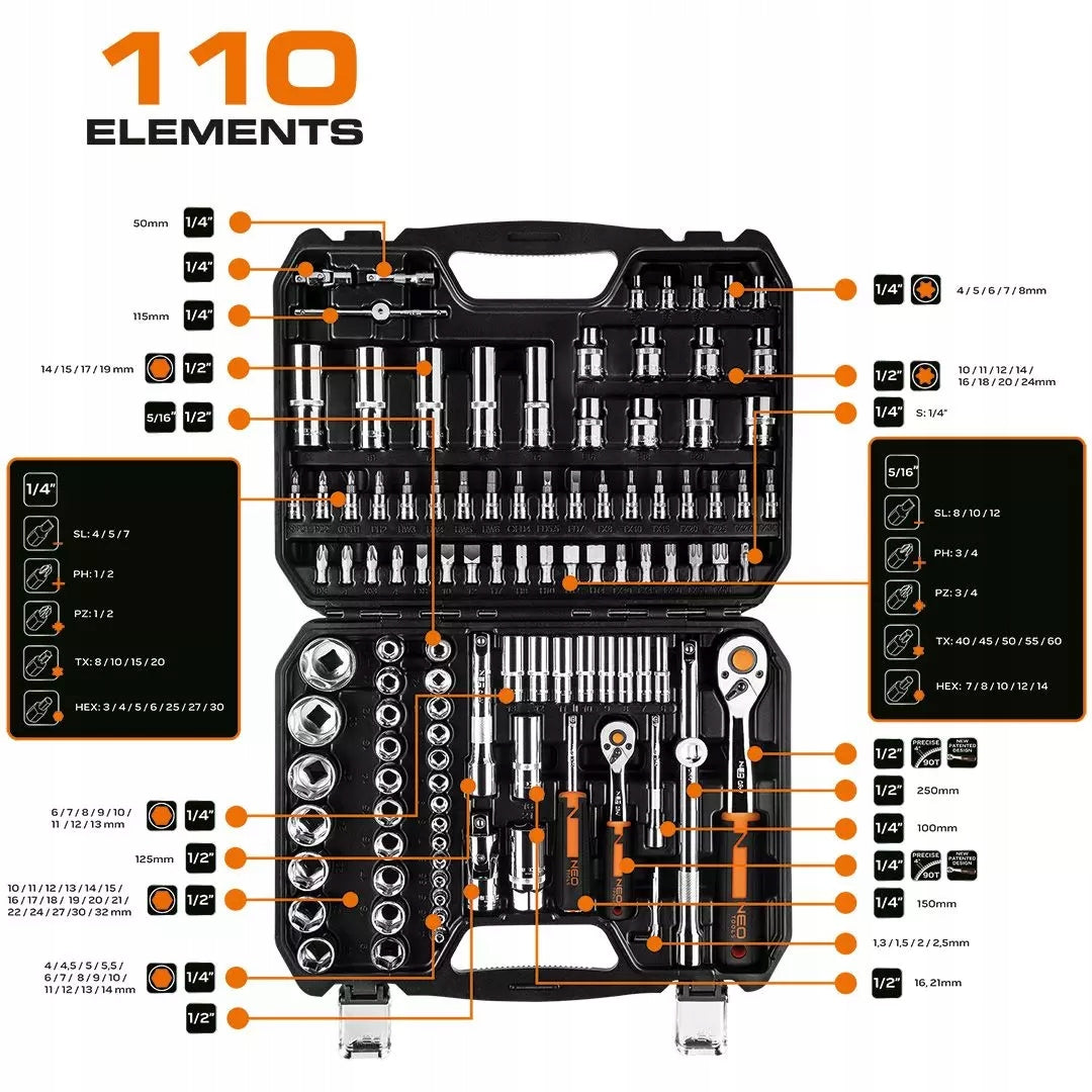 NEO Socket Wrench Set 110 Elements 1/2", 1/4" Professional Suitcase Packaging status original