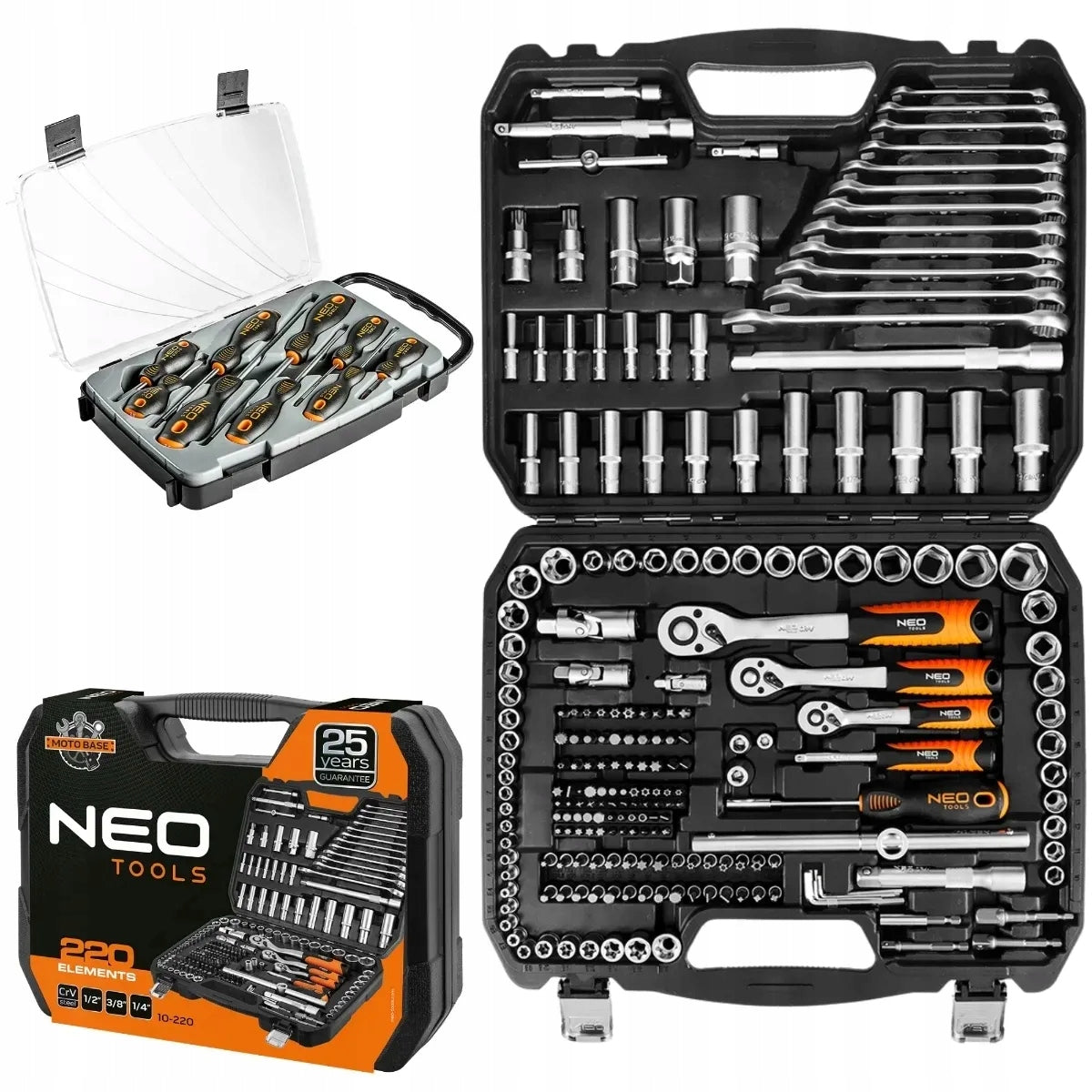 NEO Socket Wrench Set 220 el 1/2", 3/8", 1/4" + Screwdriver Set 9pcs
