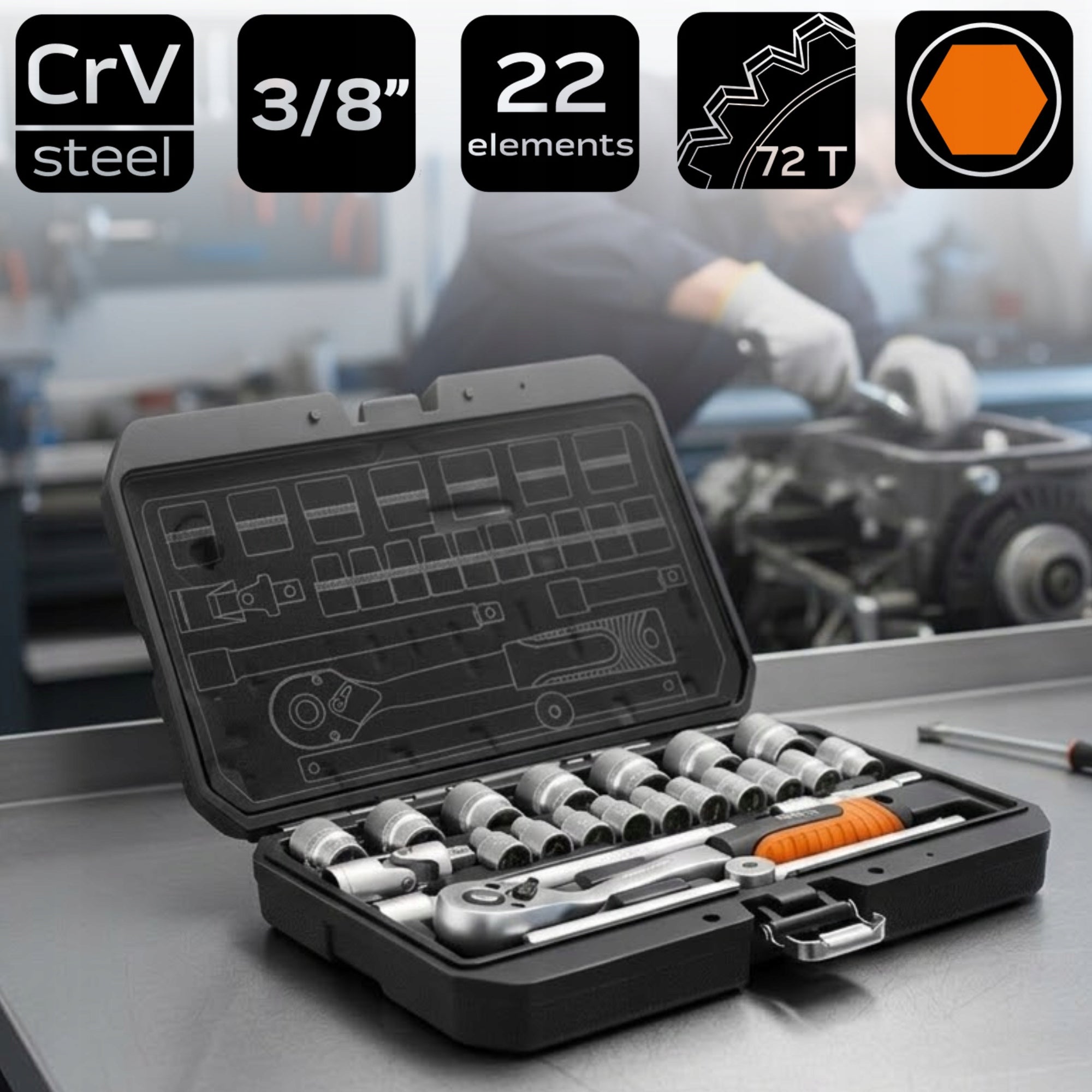 NEO Socket Wrench Set 3/8" 22 el. Ratchet Socket Extensions, CrV Packaging status original