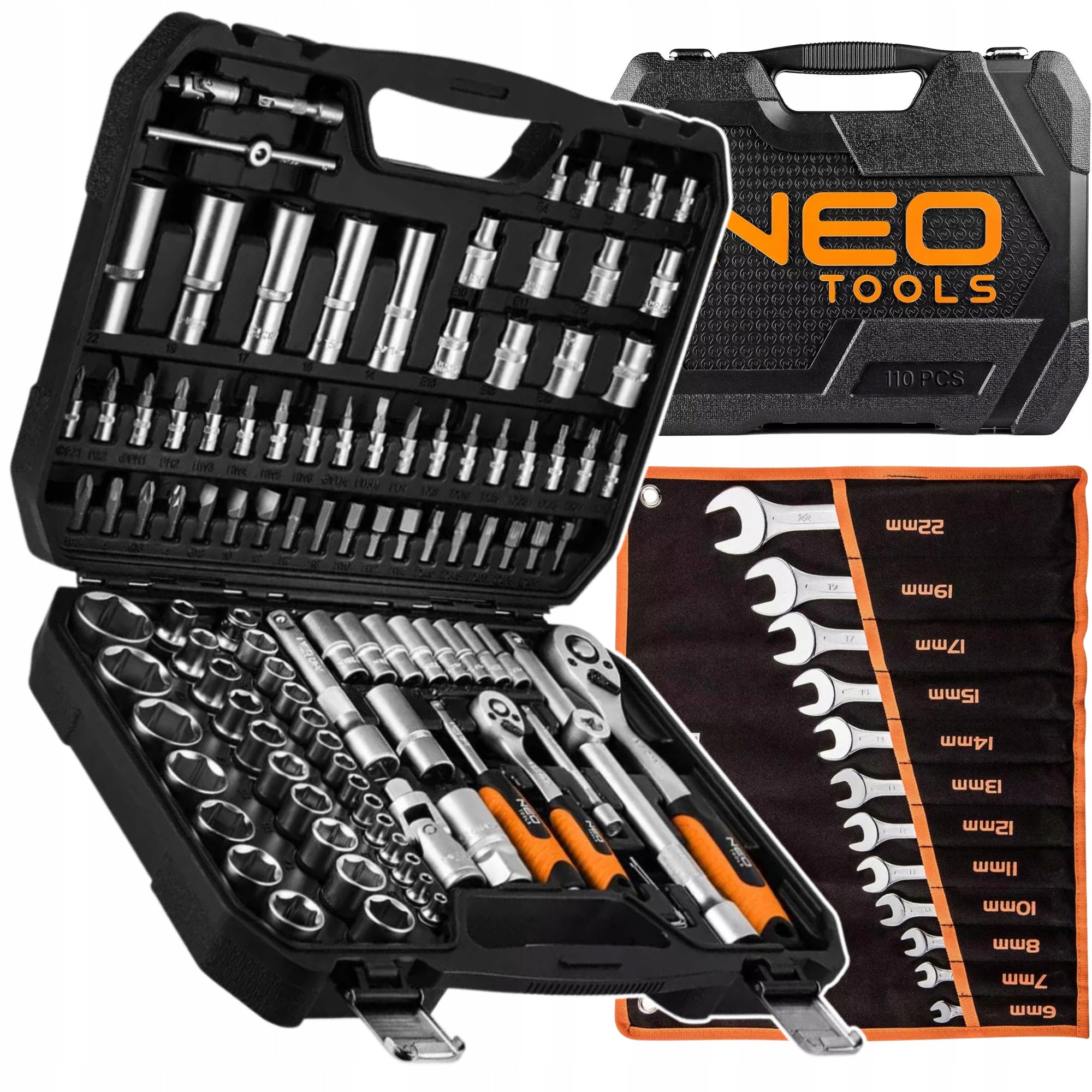 NEO Socket Wrenches 110 el. 1/4 1/2 Suitcase + Flat Eye Wrenches 12 pcs.