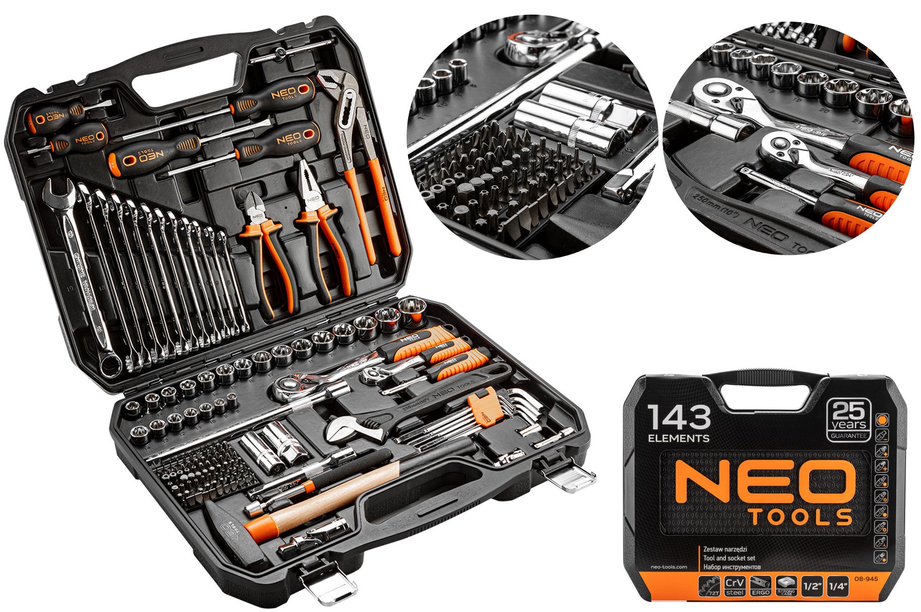 NEO TOOL SET SOCKET WRENCHES FLAT 143 EL SOCKETS 1/2 1/4 08-945