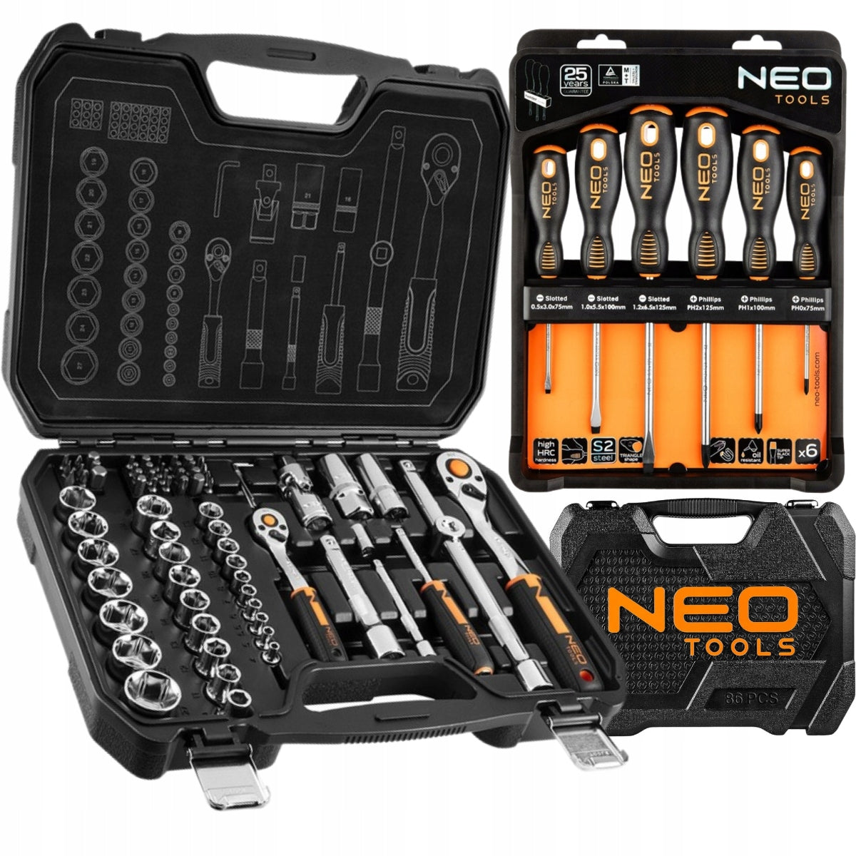 NEO TOOLS Socket Wrenches 1/2" 1/4" 73 el. Case + Screwdrivers 6 pcs