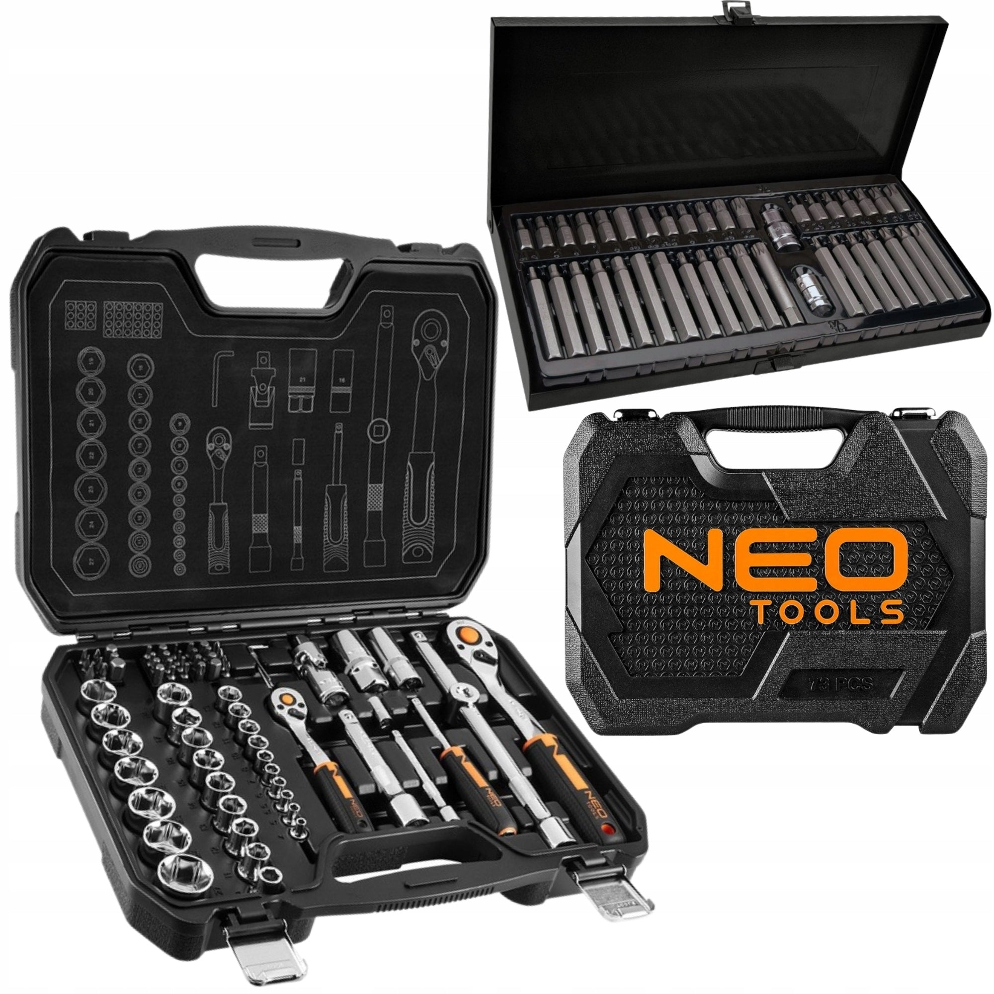 NEO TOOLS Socket Wrenches 1/2" 1/4" 73el Suitcase + Screwdriver Tips 40el