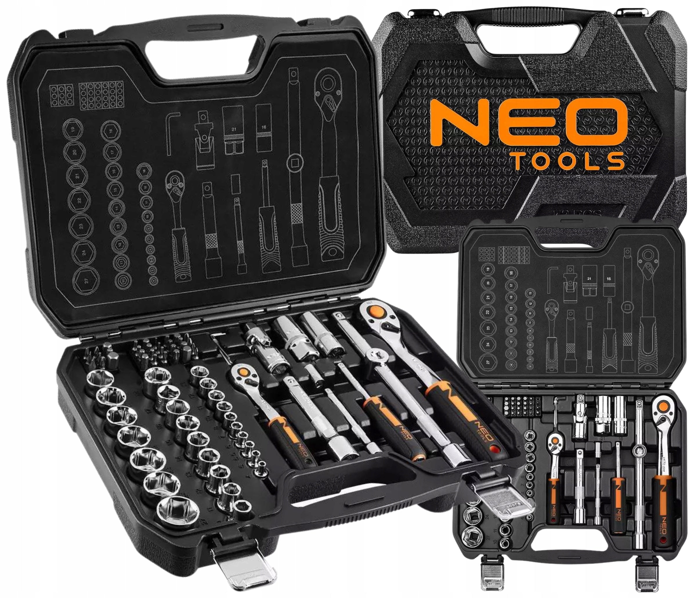 NEO TOOLS Socket Wrenches 1/2" 1/4" Tool Set 73 el. Suitcase Stainless Steel