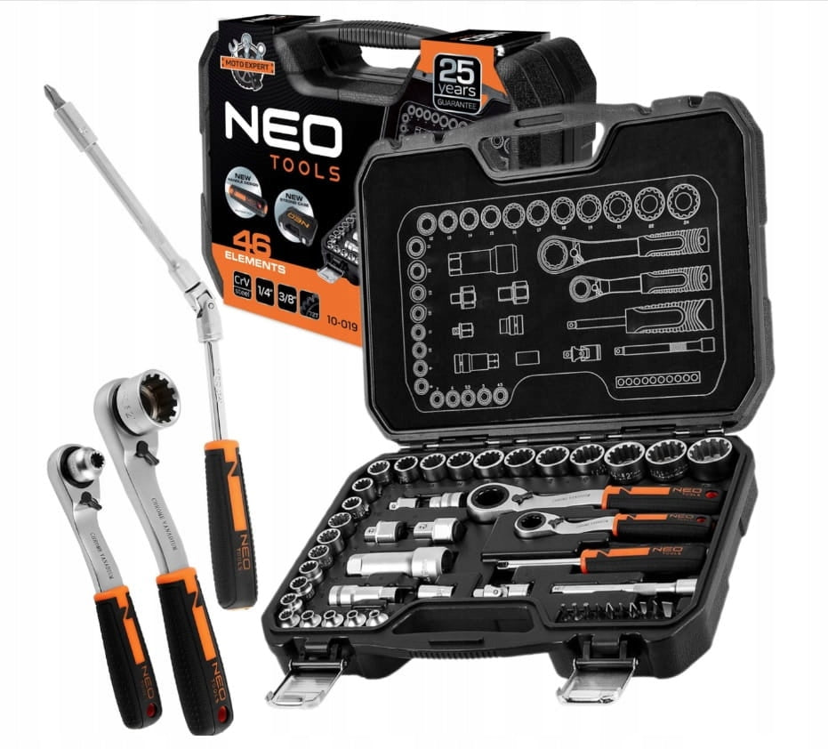 NEO TOOLS THROUGH SOCKET SET 1/4" + 3/8" 46 PCS SUITCASE 10-019