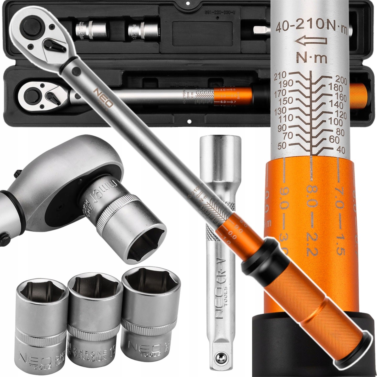 NEO TOOLS TORQUE WRENCH 40-210NM + 3 SOCKETS 17, 19, 21 MM + - 3%