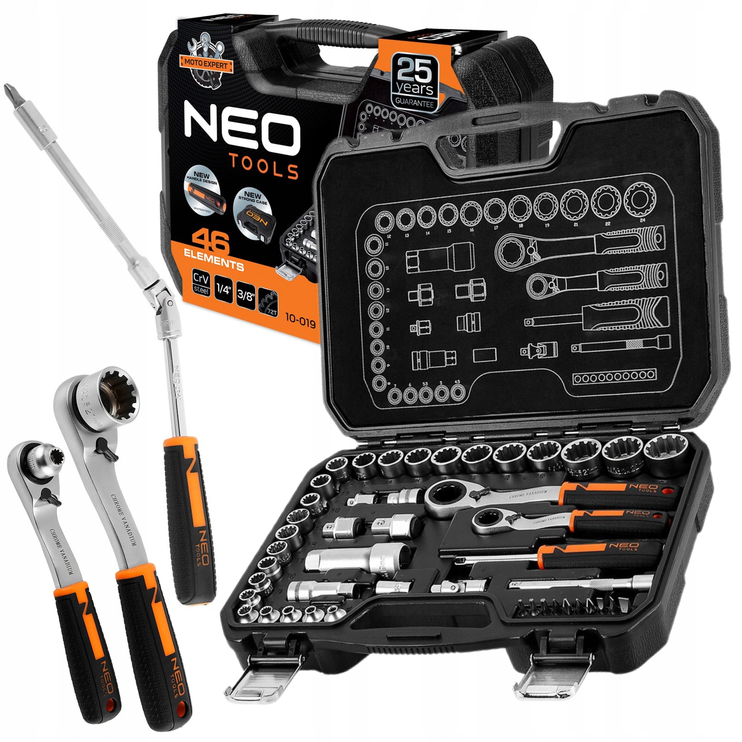 NEO TOOLS through socket set 1/4" + 3/8" 46 pcs suitcase