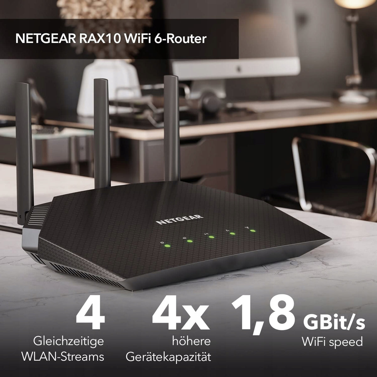 NETGEAR WiFi Router 6 AX1800, 4 Streams, Range up to 100m², Compatible Model RAX10-100EUSAAA