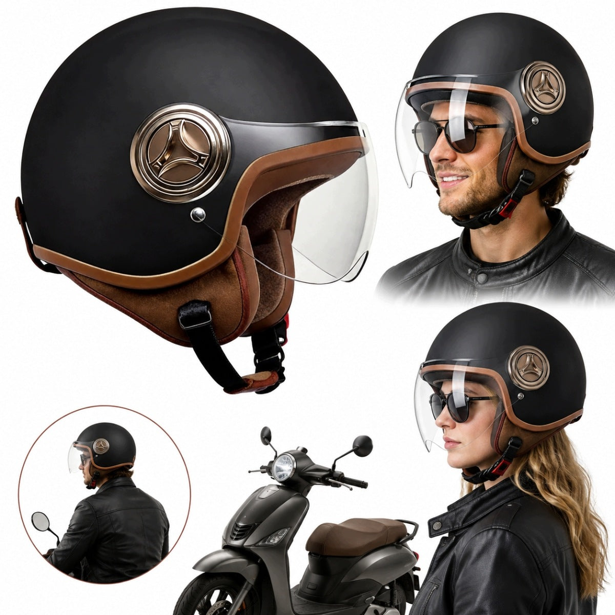 NEW ELEGANT NEO-RETRO BLACK MAT MOTORCYCLE HELMET SCOOTER PREMIUM 2026