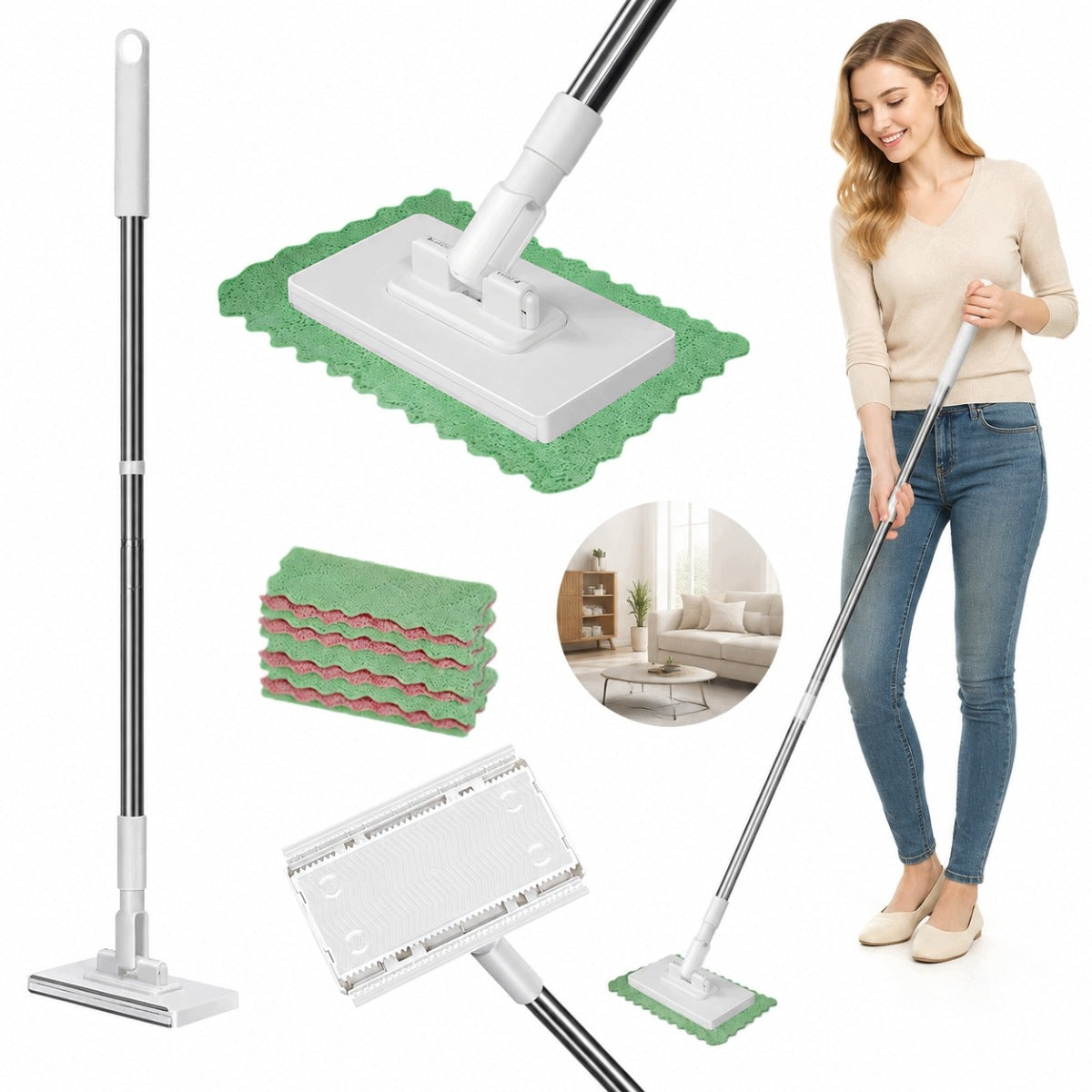NEW FLAT MOP FOR CLEANING WINDOWS AND FLOORS WHITE WITH 4PCS UNIVERSAL CLOTHS