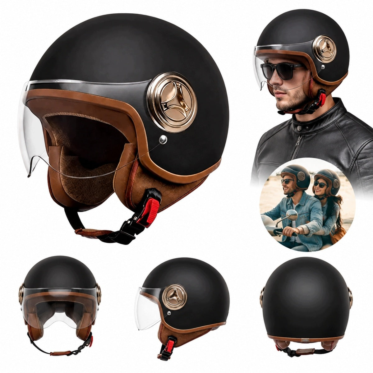 NEW Motorcycle Helmet Elegant Neo-Retro Black Mat Leather L