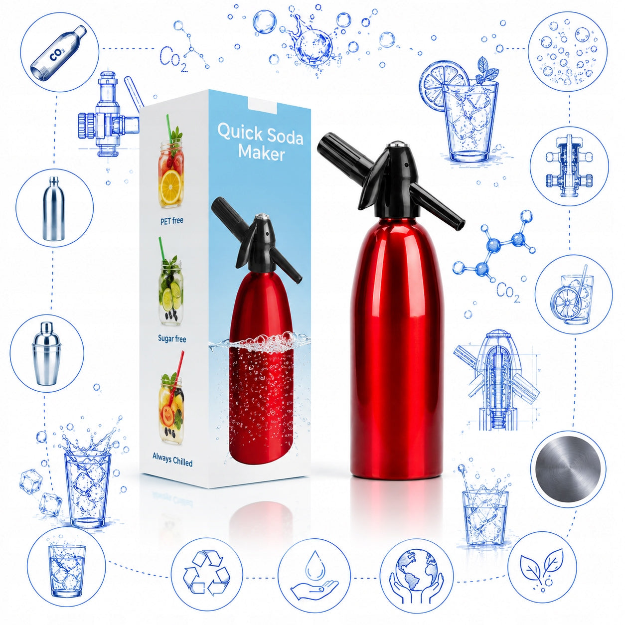NEW SODA SPARKLING WATER SATURATOR SIPHON Red - 1 liter Packaging status original
