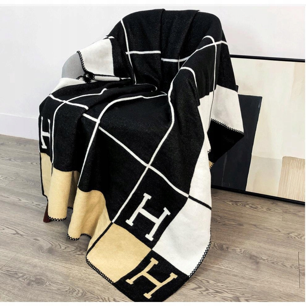 NEW, thick, warm, wool checkered blanket with H print Brand no brand