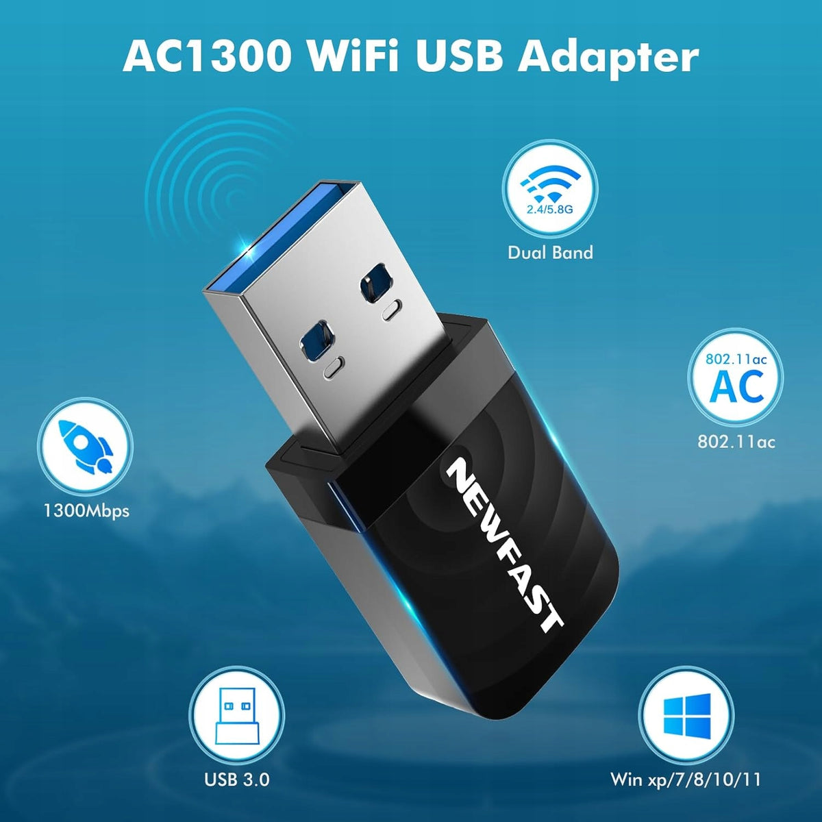NEWFAST WiFi USB Adapter 1300Mbps Dual Band USB 3.0 Manufacturer code 6913787438642