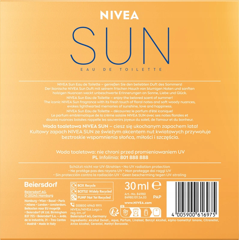 NIVEA SUN Eau de toilette with the delicate scent of NIVEA sun cream 30ml Brand NIVEA