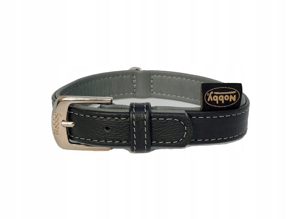 NOBBY LEATHER DOG COLLAR BLACK AND GREY WITH BUCKLE 16FH