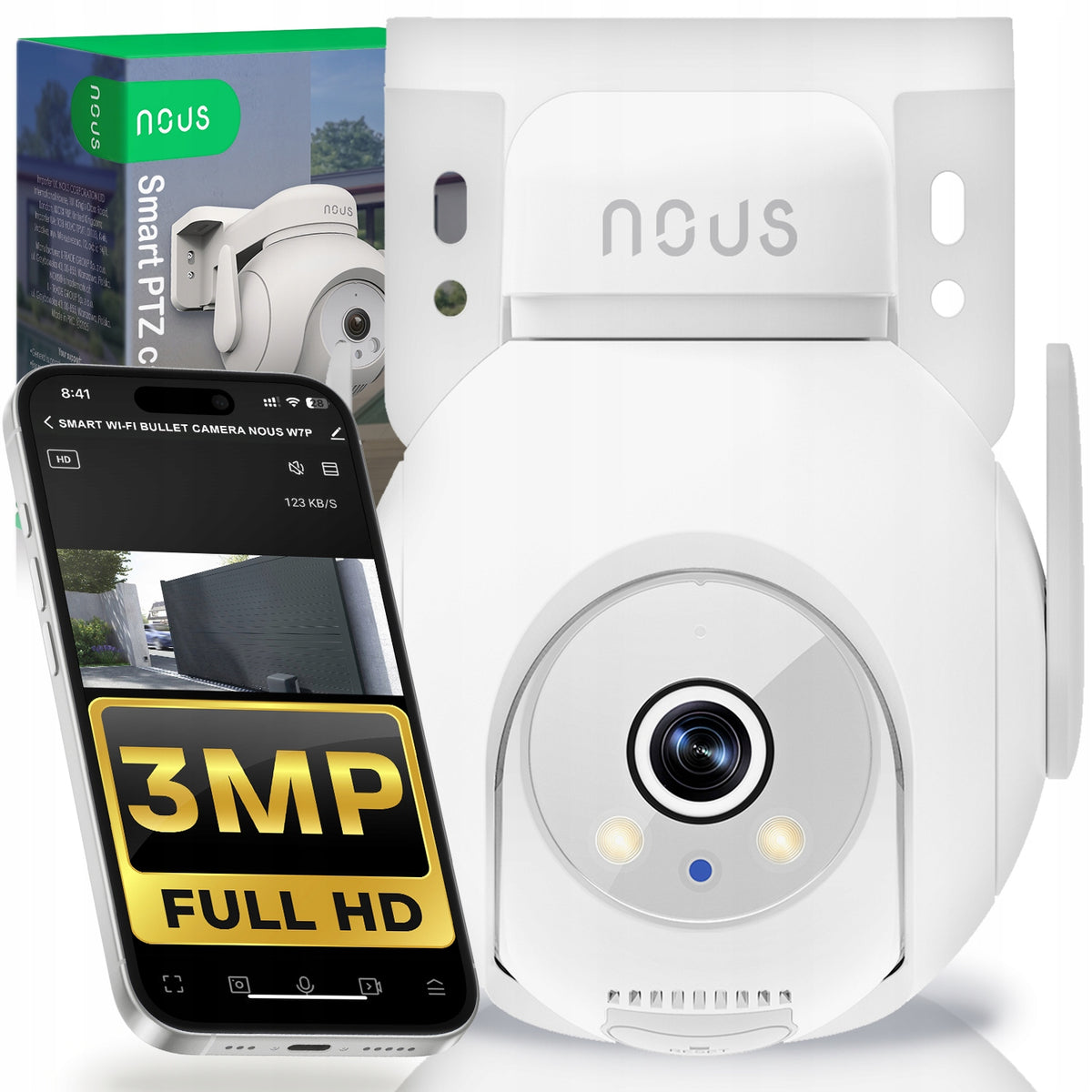 NOUS W8 IP Camera WiFi PTZ 3MP Rotating Night Monitoring Movement microSD 256GB