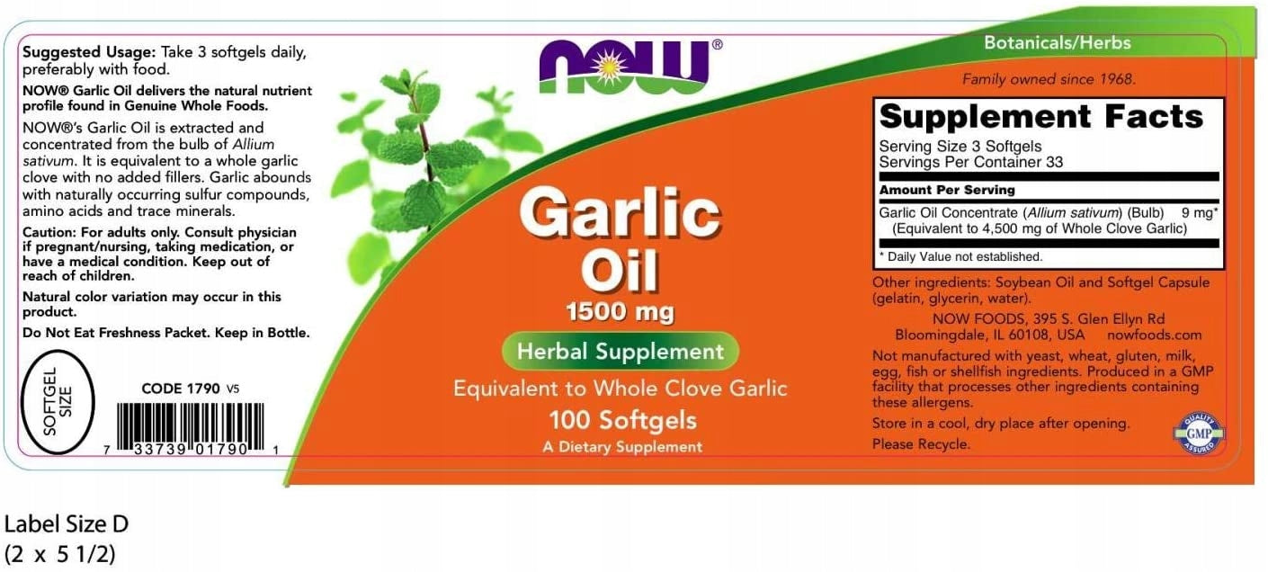 NOW Foods Garlic Oil 1500mg Garlic Oil Concentrate Resistance 100 SGELS. Weight 60 g