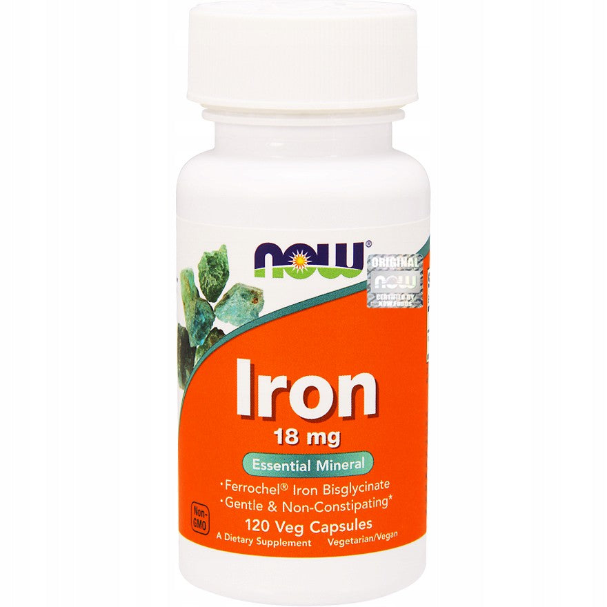 NOW Foods Iron 18mg EASILY DIGESTIBLE IRON ENERGY 120 vege kaps Packaging status original