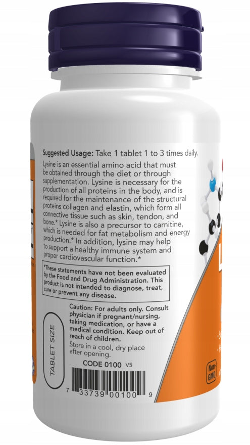 NOW Foods L-Lysine 500mg LYSINE AMINO ACID HEALTHY JOINTS 100tab Manufacturer code 0100