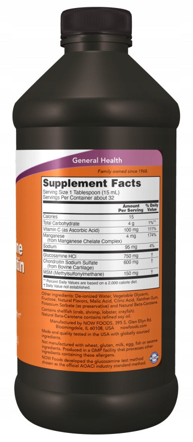 NOW Foods Liquid Glucosamine & Chondroitin with MSM 473 ml Expiration date at least 1 year from the date of purchase
