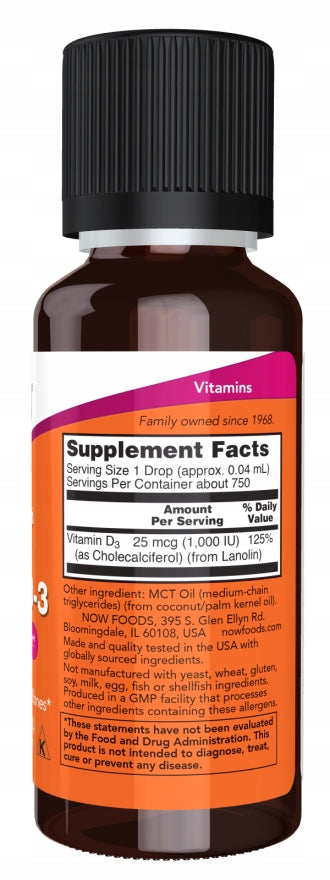 NOW Foods Liquid Vitamin D-3 Vitamin D3 1000 IU 30 ml Expiration date at least six months from the date of purchase