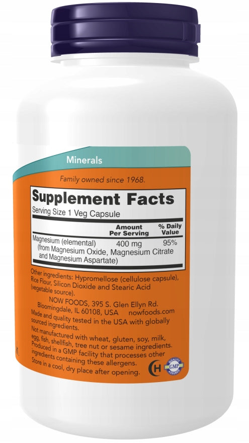 NOW Foods Magnesium Citrate Aspartate Magnesium Oxide 400mg Contractions 180caps Packaging status original