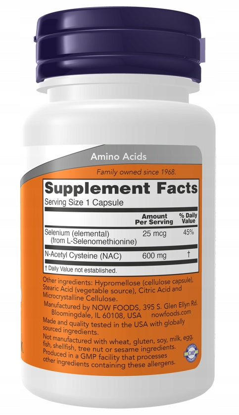 NOW Foods NAC 600mg N-Acetylcysteine L-CYSTEINE + Selenium 25mcg 100 vegekaps Packaging status original