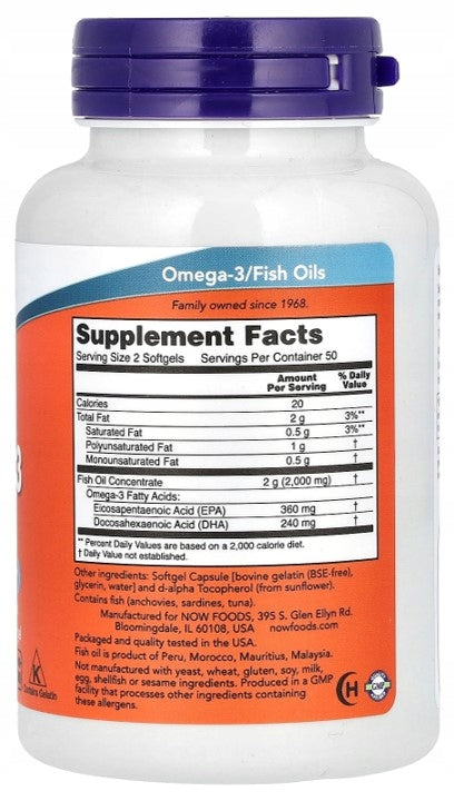 NOW Foods - Omega 3 | EPA / DHA | fish oil - 1000 mg | 100 kaps. EAN (GTIN) 733739016508