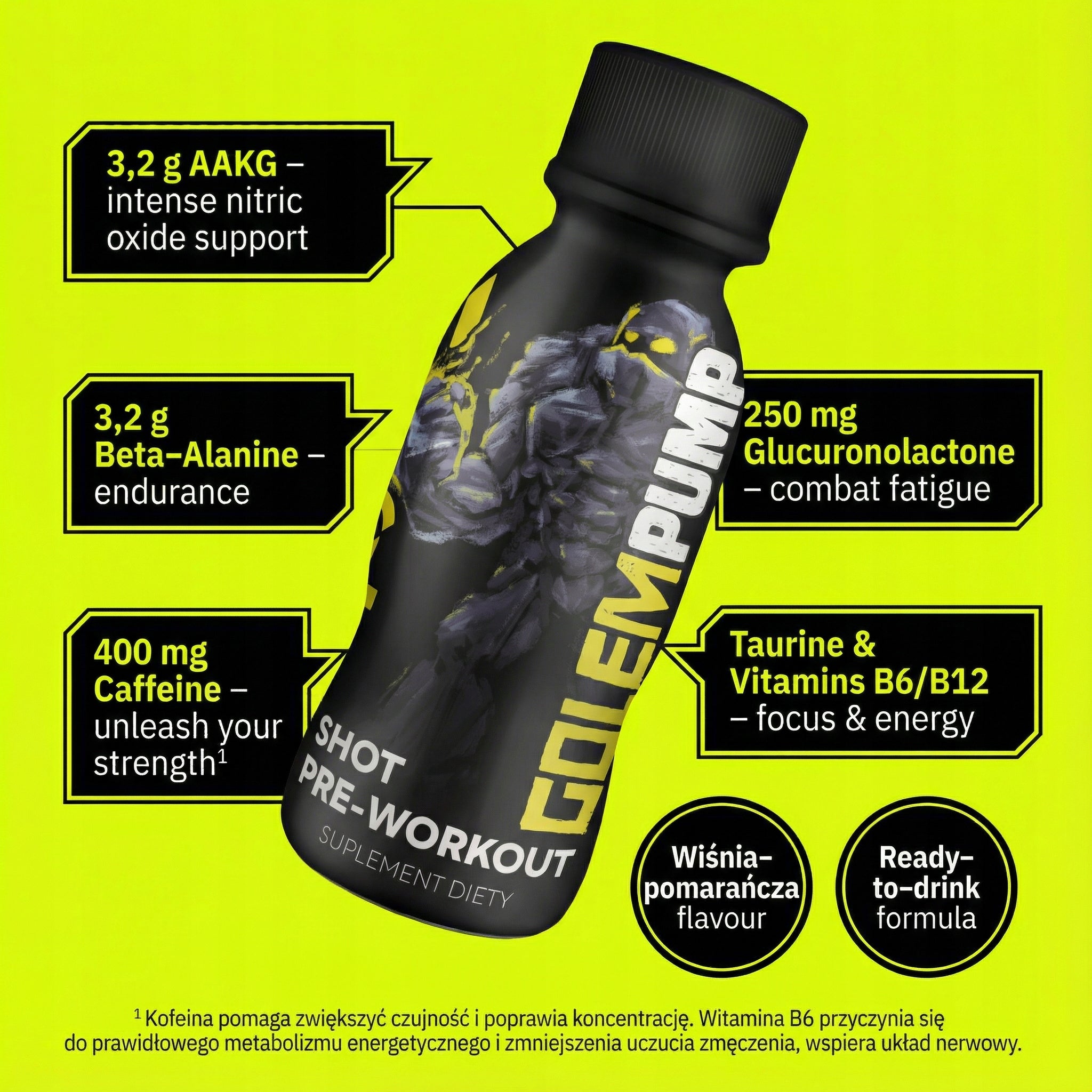 NUTRITION22 GOLEM PUMP MAX STRENGTH PRE-WORKOUT SHOT 12x100ML Expiration date at least six months from the date of purchase