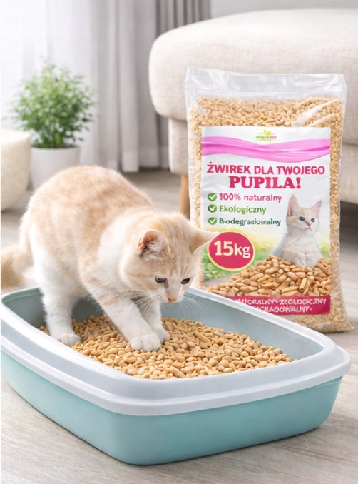 Natural Pellet Litter 15kg CERTIFIED Mulch for Cat Rabbit Dog Eco Manufacturer code Kotów Silikonowy Kuwety Betoniotowy Drewniany