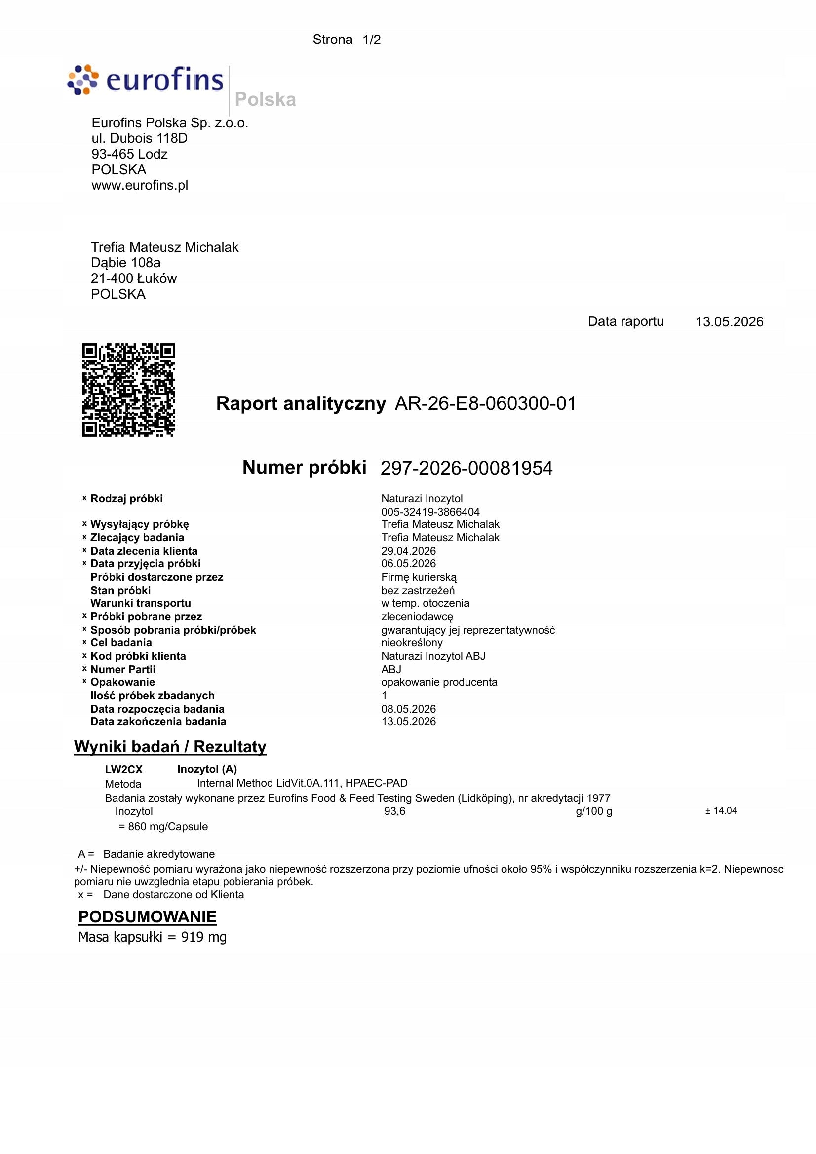 Naturazi Inositol Myo D-chiro 40:1 779mg - TESTS CONTENTS Brand no brand