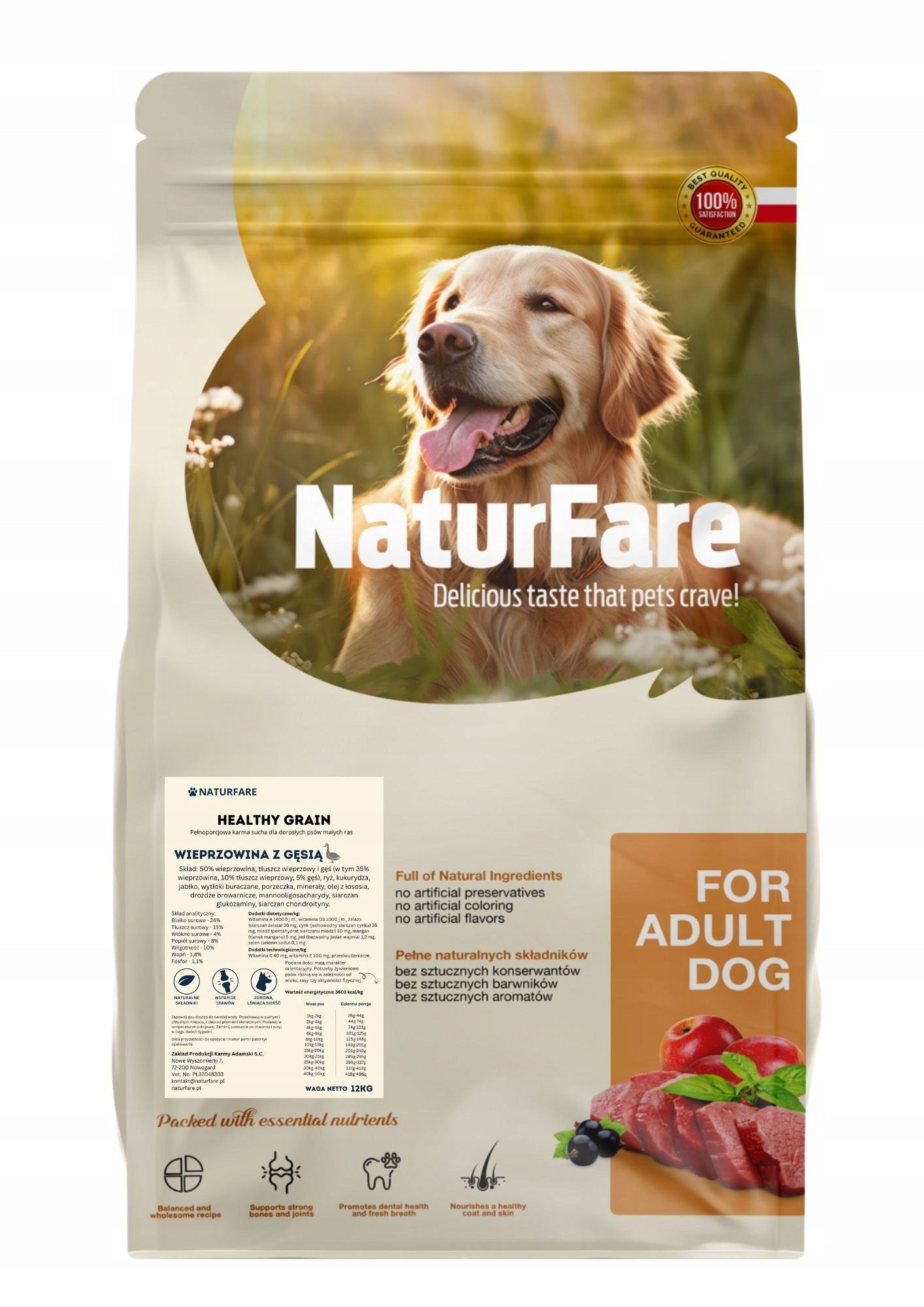 Naturfare food for adult small breed dogs pork with goose 12kg